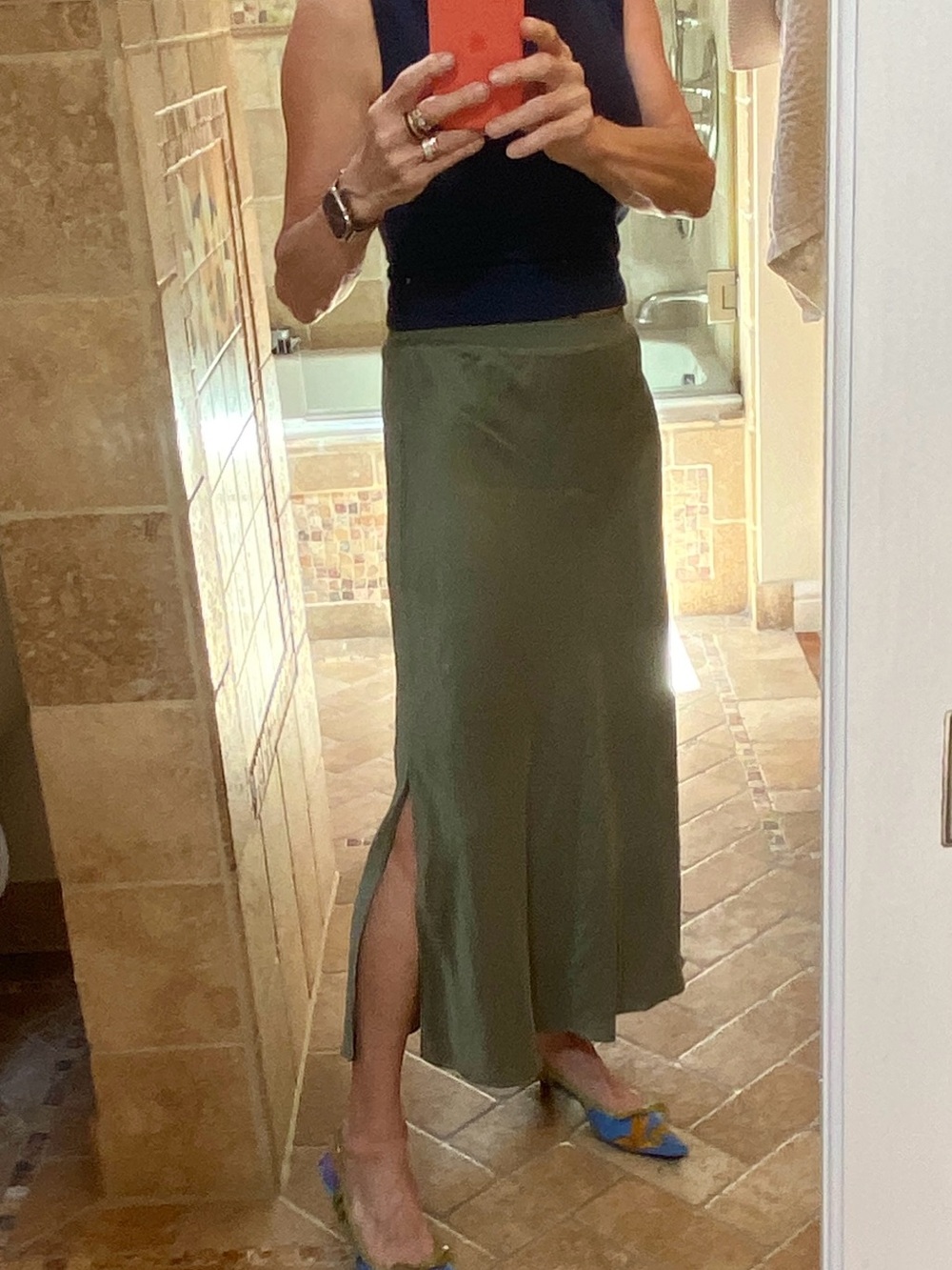 Olive Silk Midi Skirt by Unsubscribed XS
